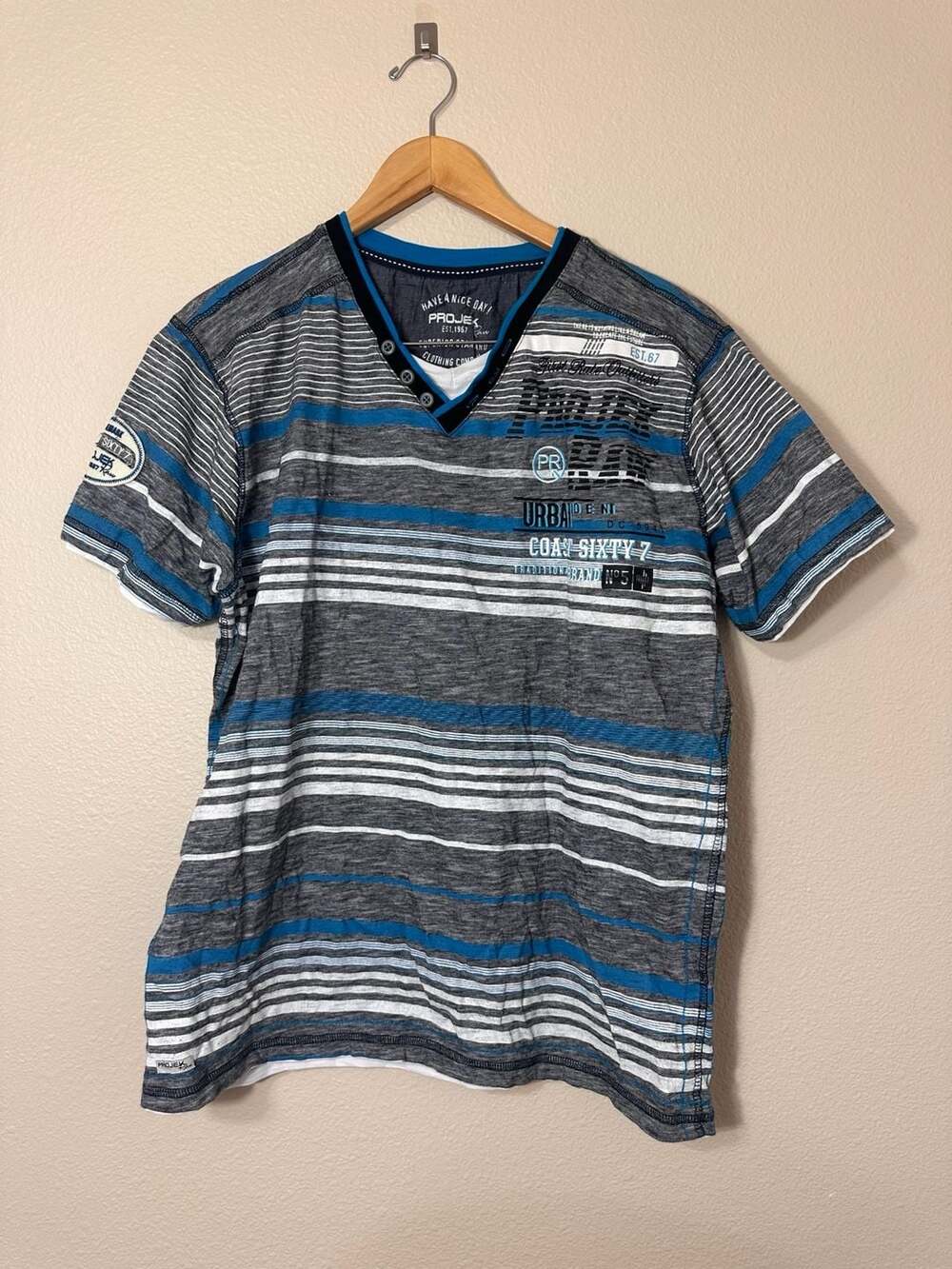 Mens Blue Stripe Henley Size XL Grunge Skate Y2K Projek Raw